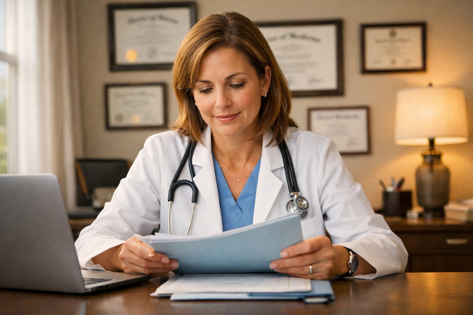Doctor writing medical documentation for veteran disability claim